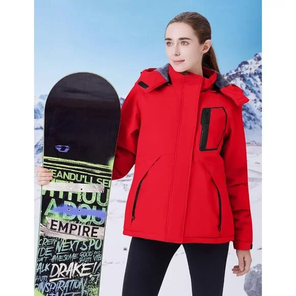 Women's Red Waterproof Ski Jacket Warm Winter Coats Windproof with Hood
